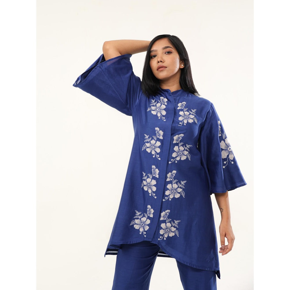 ORIGANI Blue Floral Embroidered Camellia Co-Ord (Set of 2)