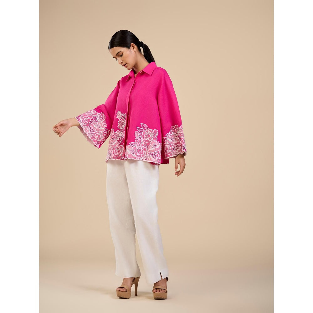 ORIGANI Pink Floral Embroidered Petal Garden Shirt and Pant (Set of 2)