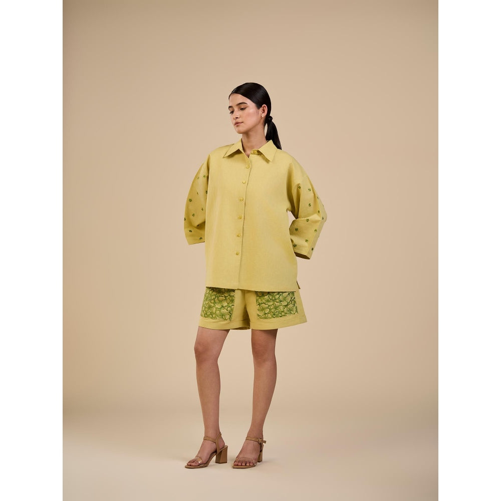 ORIGANI Lime Yellow Embroidered Shirt and Shorts (Set of 2)