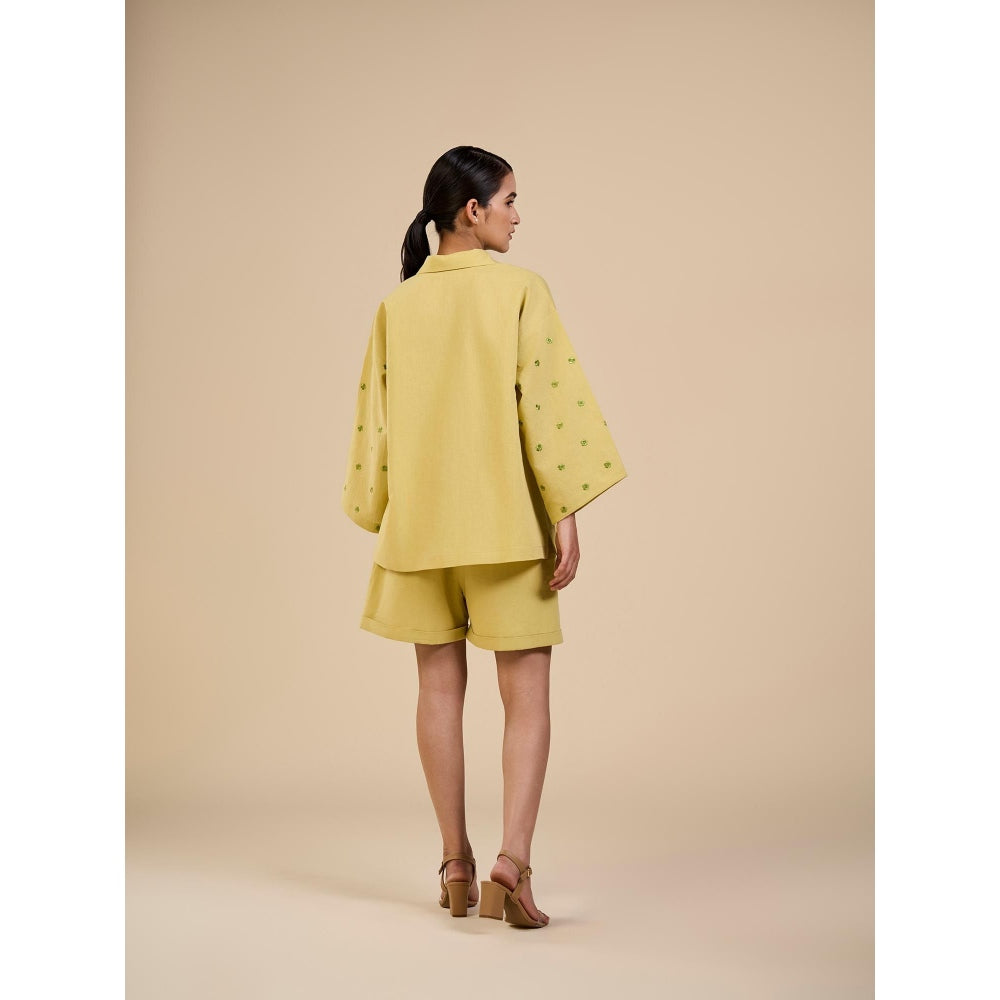 ORIGANI Lime Yellow Embroidered Shirt and Shorts (Set of 2)