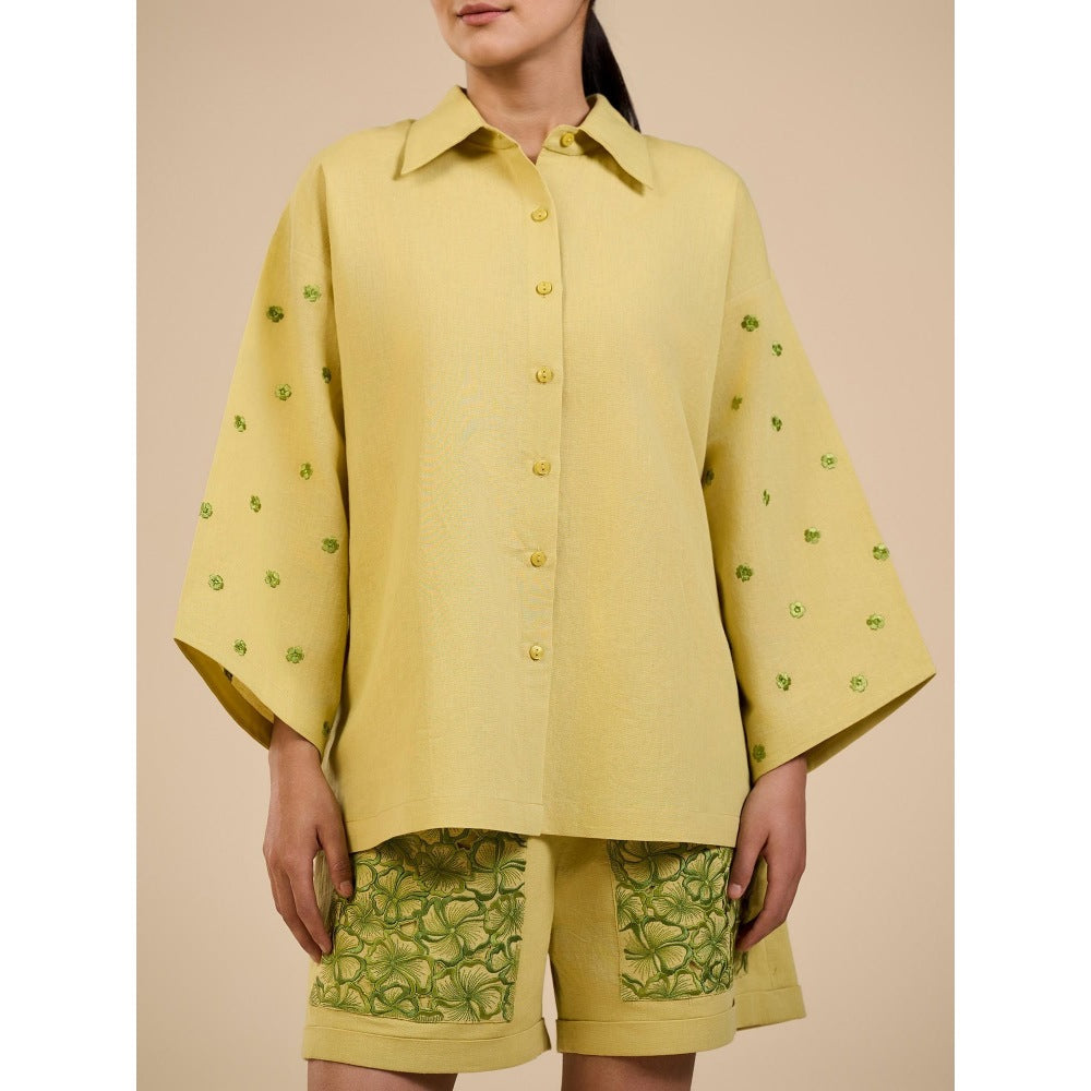 ORIGANI Lime Yellow Embroidered Shirt and Shorts (Set of 2)