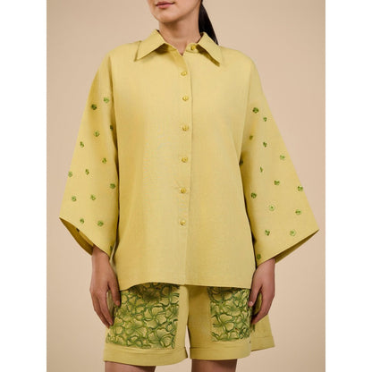 ORIGANI Lime Yellow Embroidered Shirt and Shorts (Set of 2)