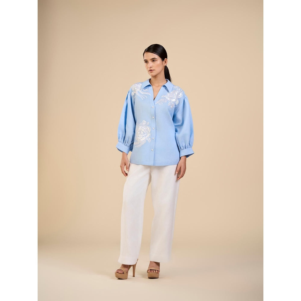 ORIGANI Blue Iceberg Floral Embroidered Shirt with Pant (Set of 2)