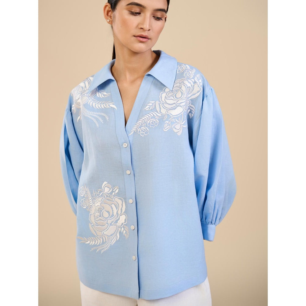 ORIGANI Blue Iceberg Floral Embroidered Shirt with Pant (Set of 2)