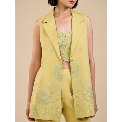 ORIGANI Sage Green Floral Embroidered Co-Ord (Set of 3)