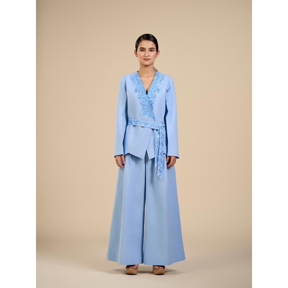 ORIGANI Blue Embroidered Rose Co-Ord (Set of 3)