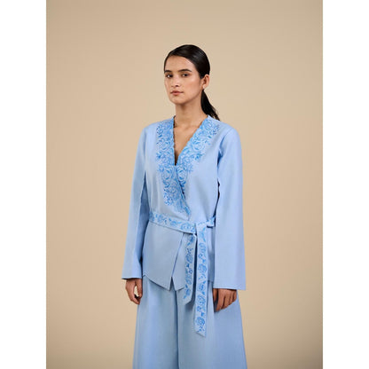 ORIGANI Blue Embroidered Rose Co-Ord (Set of 3)