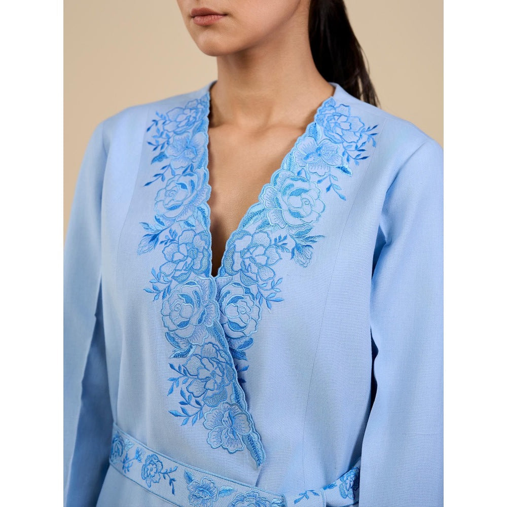 ORIGANI Blue Embroidered Rose Co-Ord (Set of 3)
