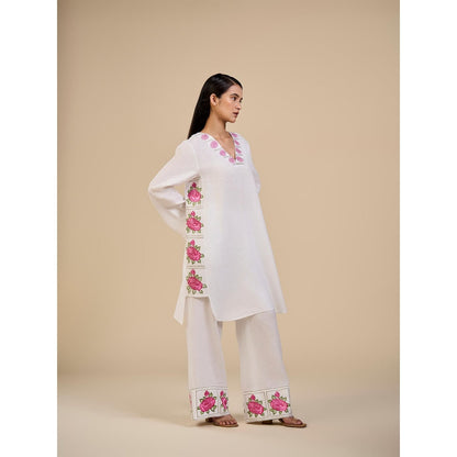 ORIGANI Pink and White Floral Embroidered Primrose Tunic with Pant (Set of 2)