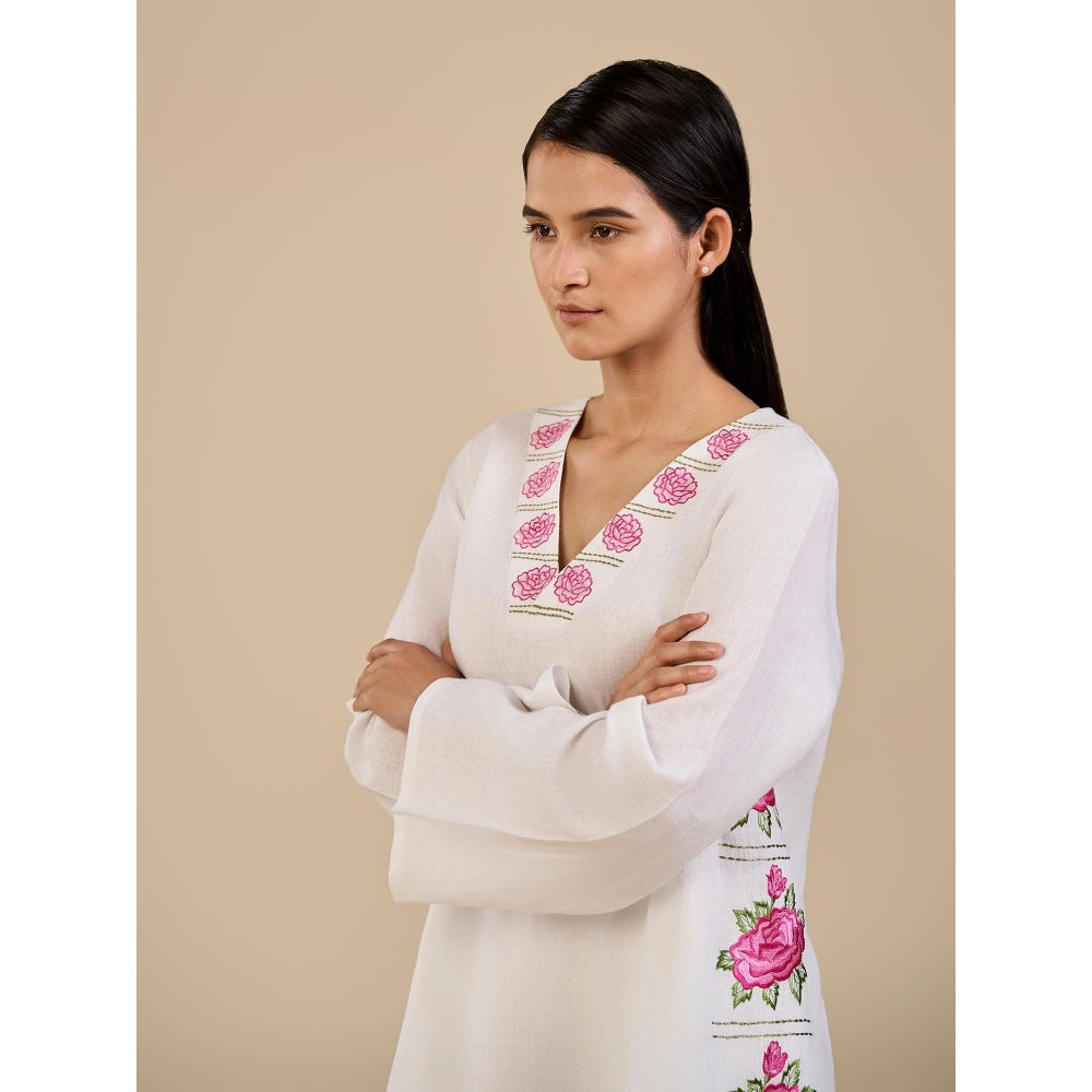 ORIGANI Pink and White Floral Embroidered Primrose Tunic with Pant (Set of 2)