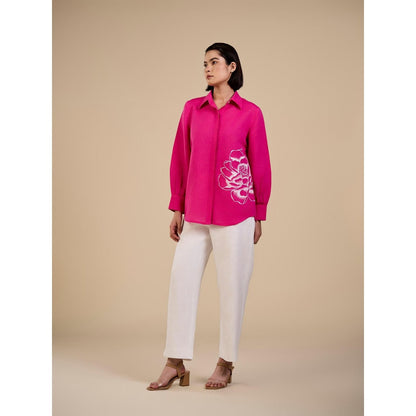 ORIGANI Pink Blooming Rose Embroidered Shirt and Pant (Set of 2)