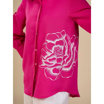 ORIGANI Pink Blooming Rose Embroidered Shirt and Pant (Set of 2)