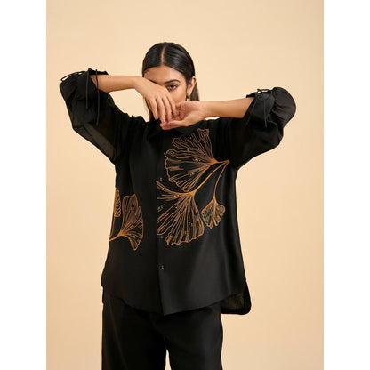 ORIGANI Black Ginkgo Embroidered Co-Ord (Set of 2)