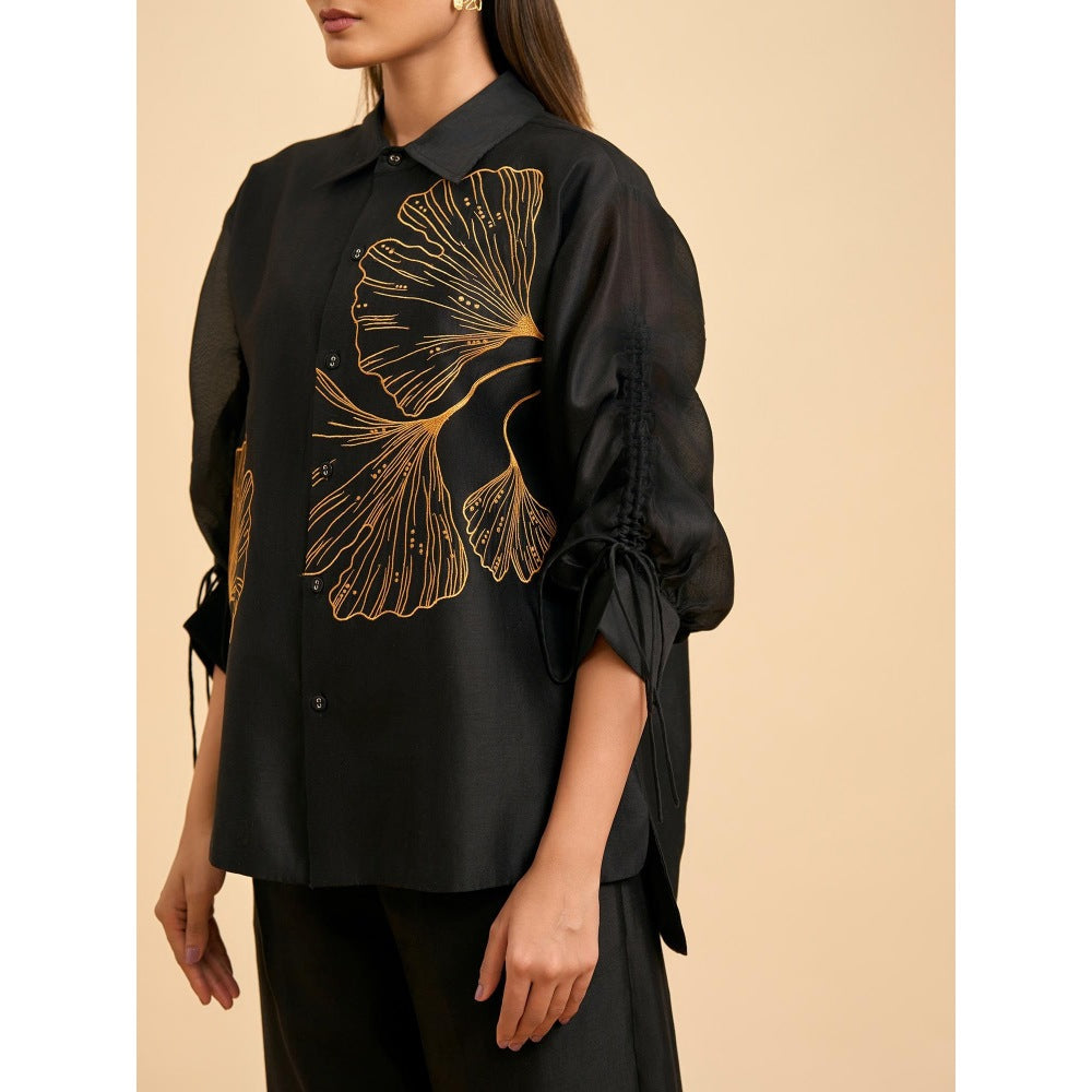 ORIGANI Black Ginkgo Embroidered Co-Ord (Set of 2)