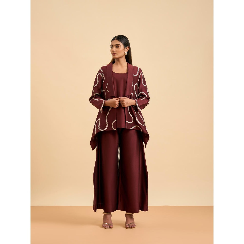 ORIGANI Maroon Embroidered Regal Harmony Co-Ord (Set of 3)