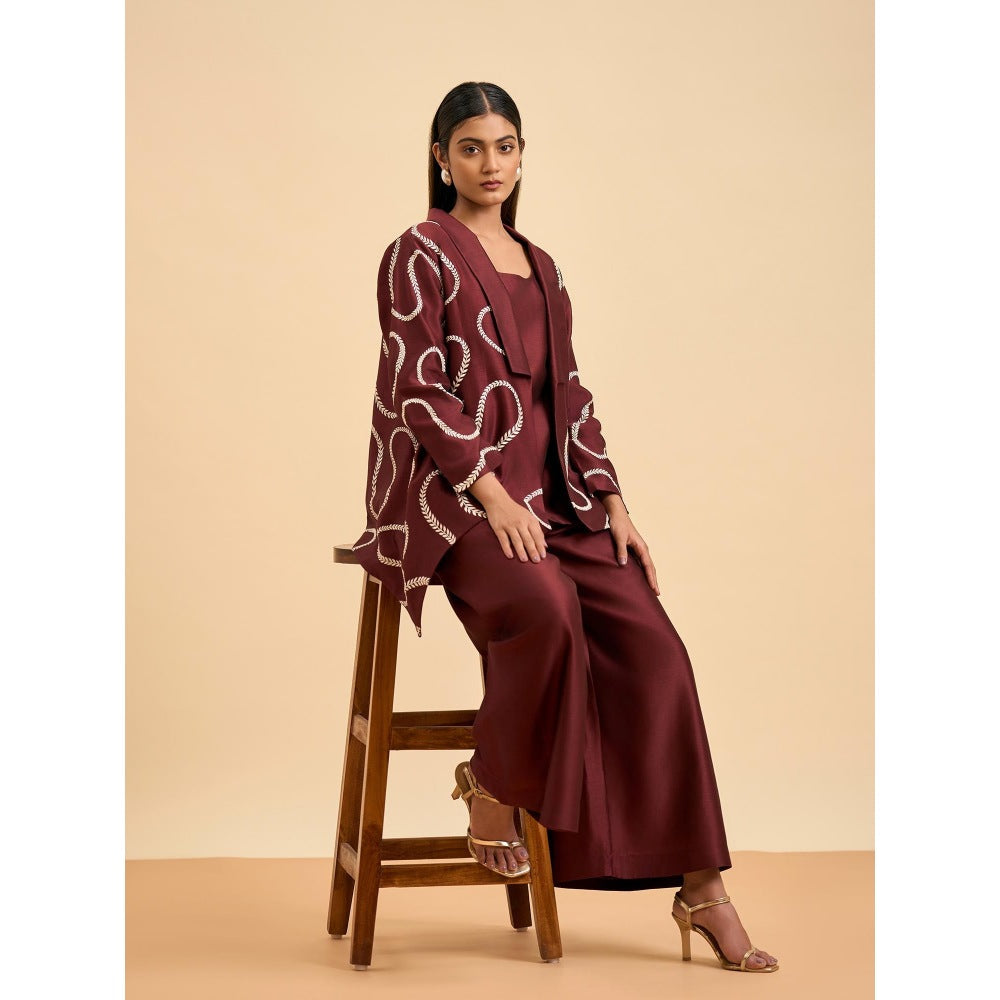 ORIGANI Maroon Embroidered Regal Harmony Co-Ord (Set of 3)