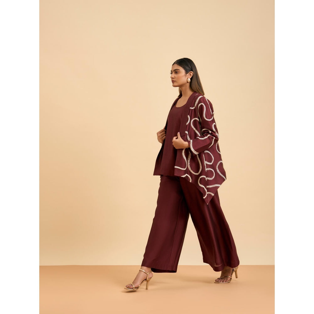 ORIGANI Maroon Embroidered Regal Harmony Co-Ord (Set of 3)