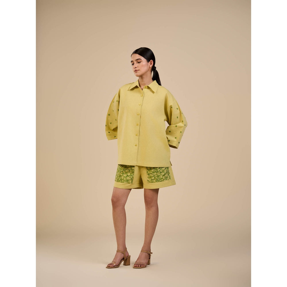ORIGANI Lime Yellow Embroidered Sleeves Shirt