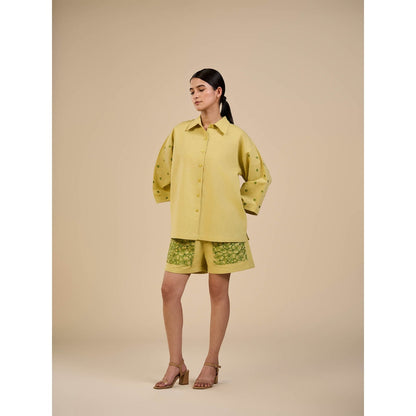 ORIGANI Lime Yellow Embroidered Sleeves Shirt