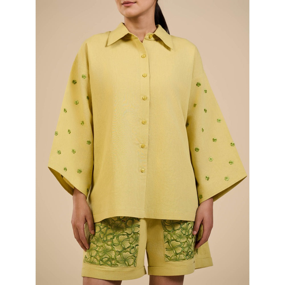 ORIGANI Lime Yellow Embroidered Sleeves Shirt