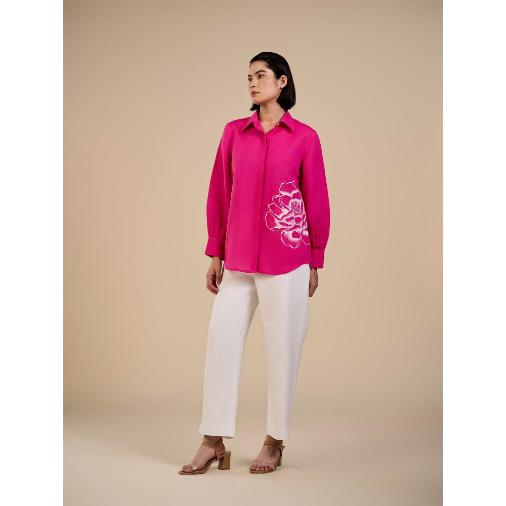 ORIGANI Pink Blooming Rose Embroidered Shirt