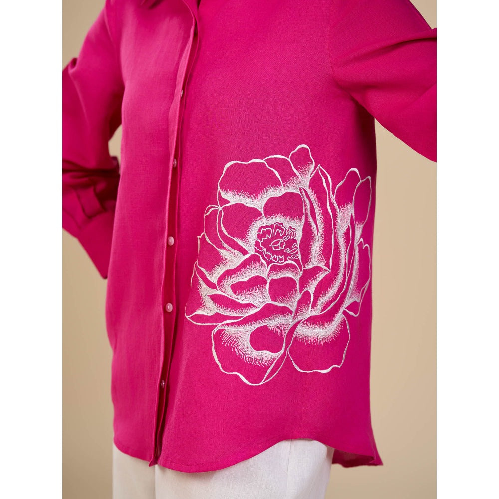 ORIGANI Pink Blooming Rose Embroidered Shirt