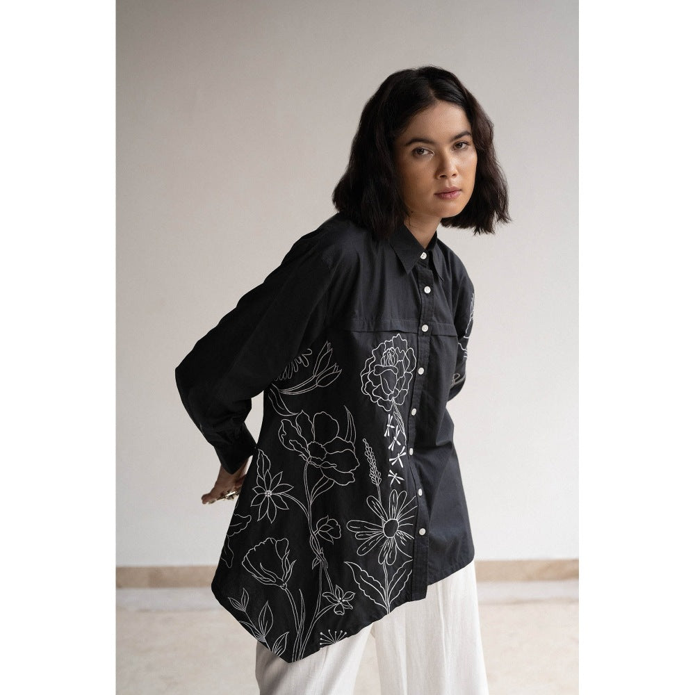ORIGANI Blossom Black Embroidered Shirt