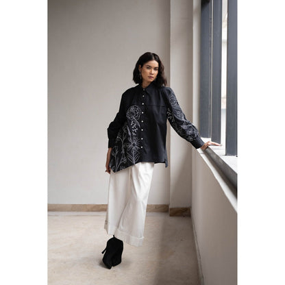 ORIGANI Blossom Black Embroidered Shirt