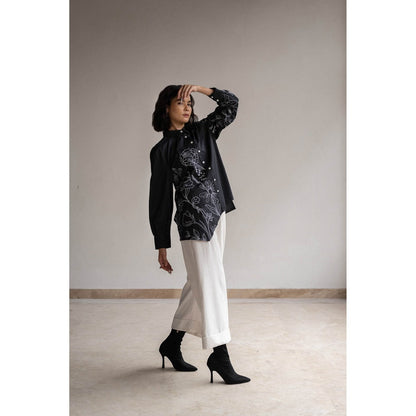 ORIGANI Blossom Black Embroidered Shirt