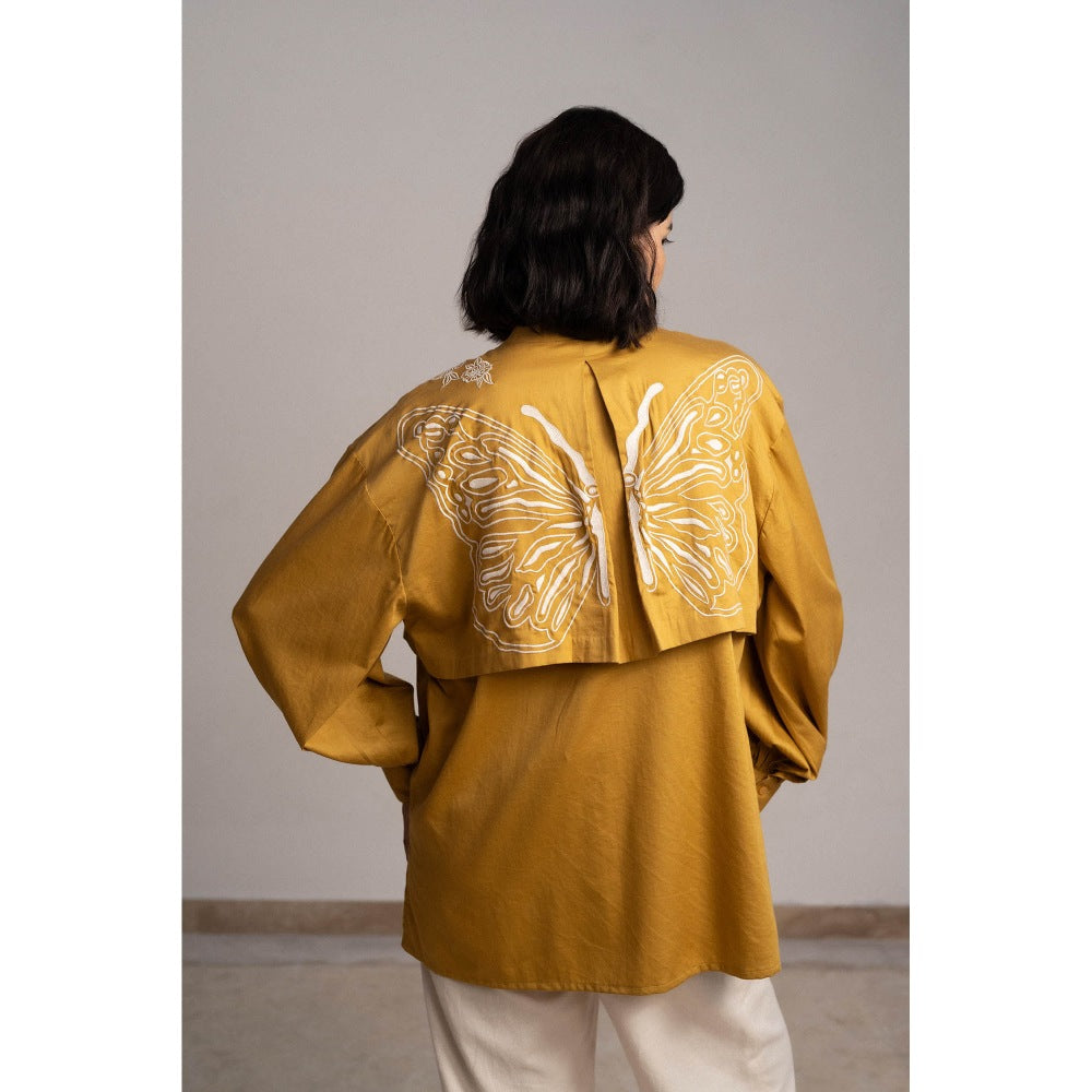 ORIGANI Mustard Winged Embroidered Shirt