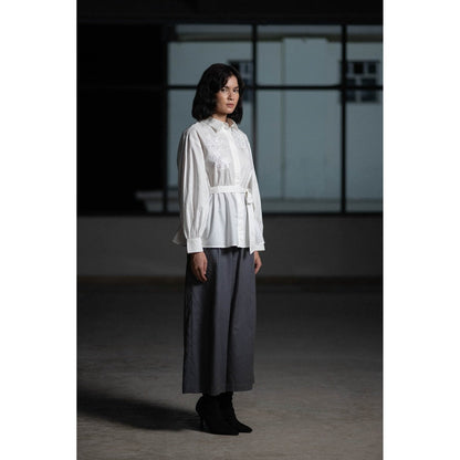 ORIGANI White Rose Embroidered Shirt with Belt