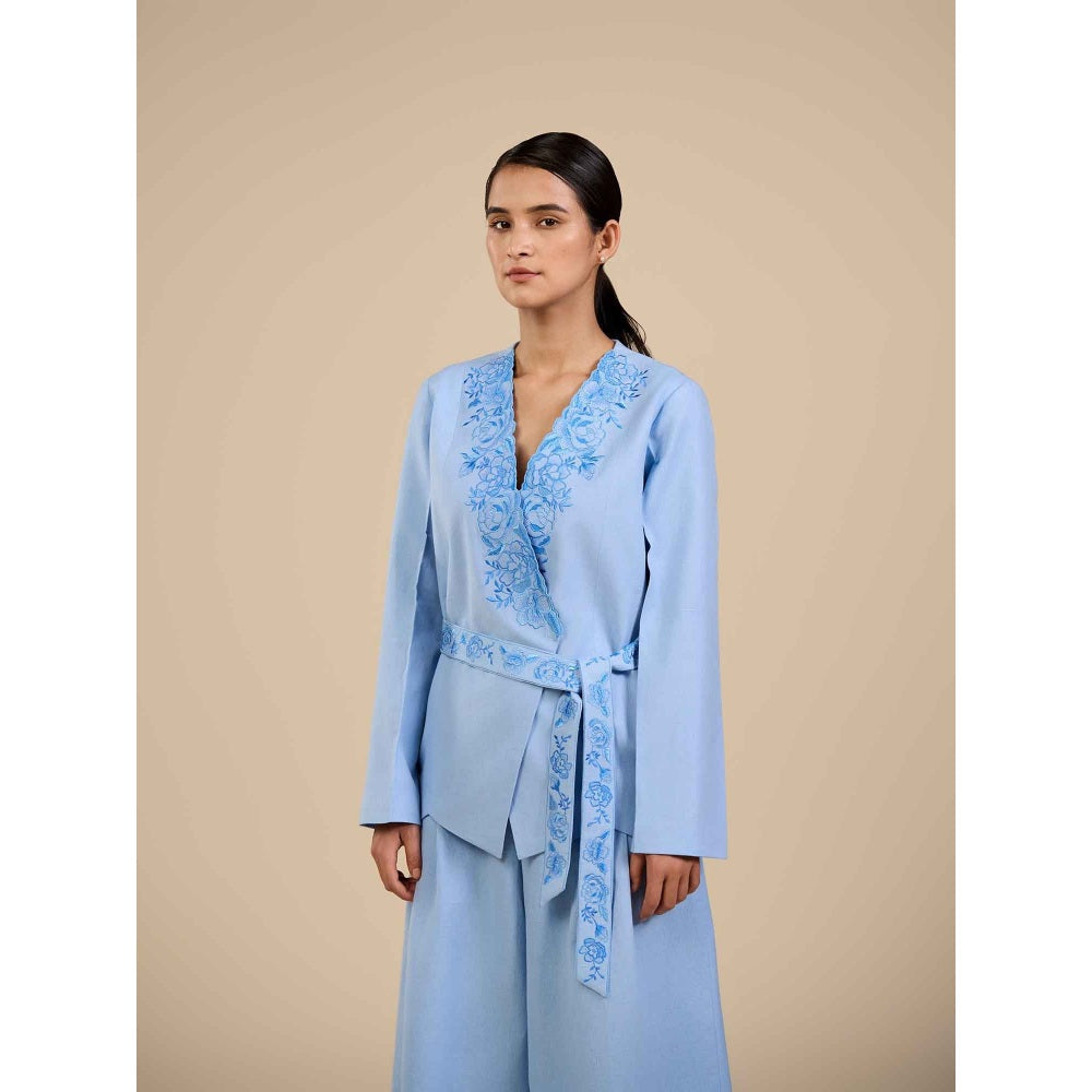 ORIGANI Blue Rose Embroidered Blazer with Belt (Set of 2)