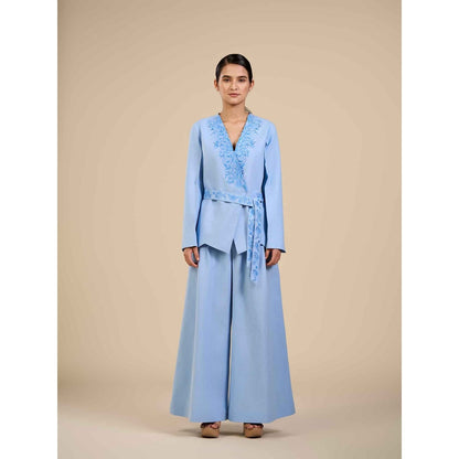 ORIGANI Blue Rose Embroidered Blazer with Belt (Set of 2)