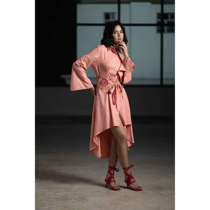 ORIGANI Coral Floral Mini Dress with Belt (Set of 2)