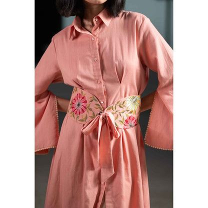 ORIGANI Coral Floral Mini Dress with Belt (Set of 2)