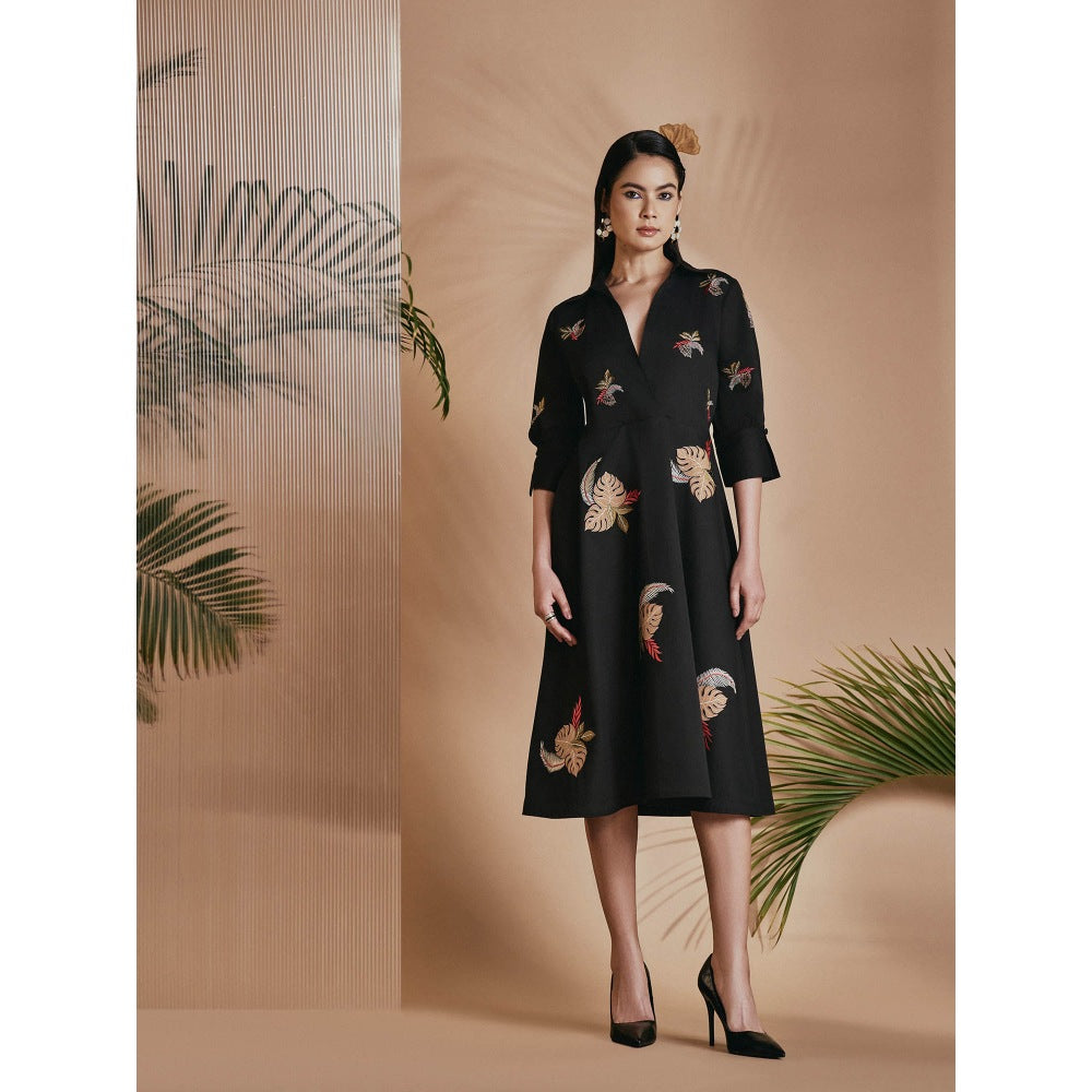 ORIGANI Black Tropical A-Line Flare Dress with Belt (Set of 2)