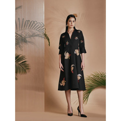 ORIGANI Black Tropical A-Line Flare Dress with Belt (Set of 2)