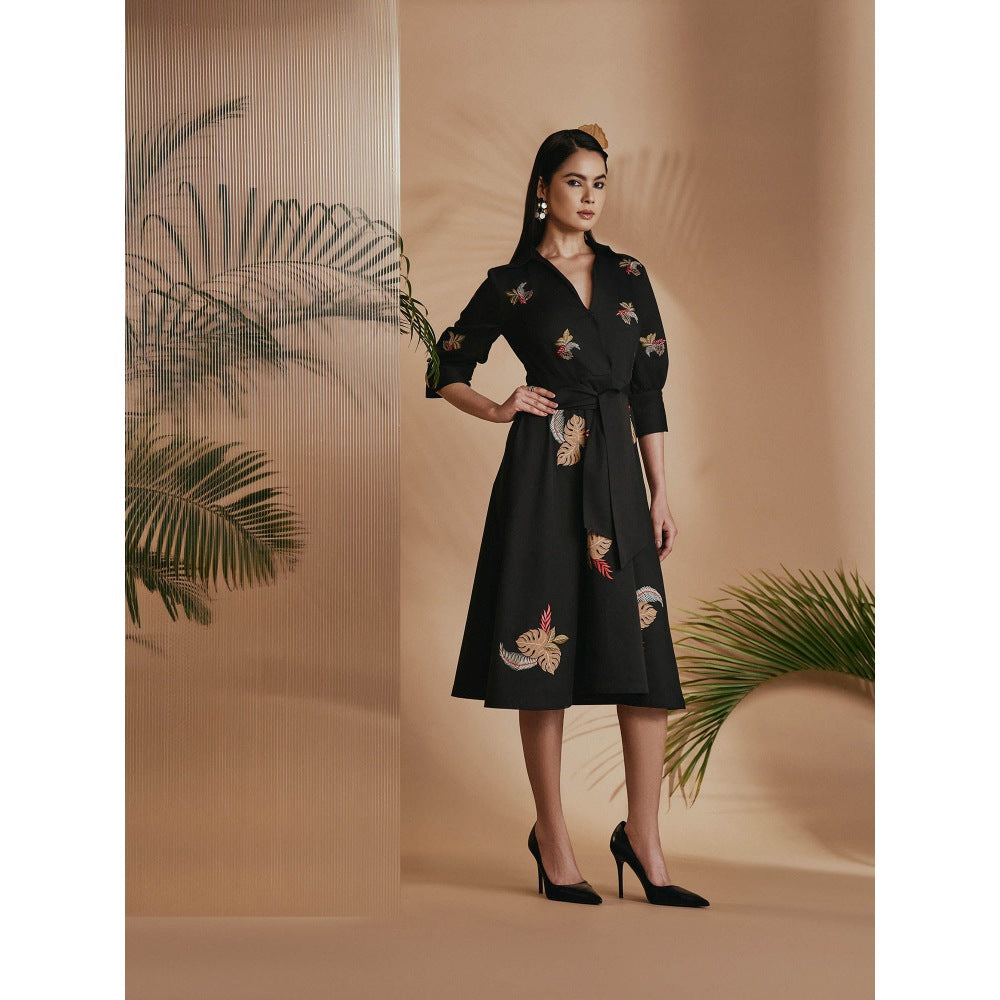 ORIGANI Black Tropical A-Line Flare Dress with Belt (Set of 2)