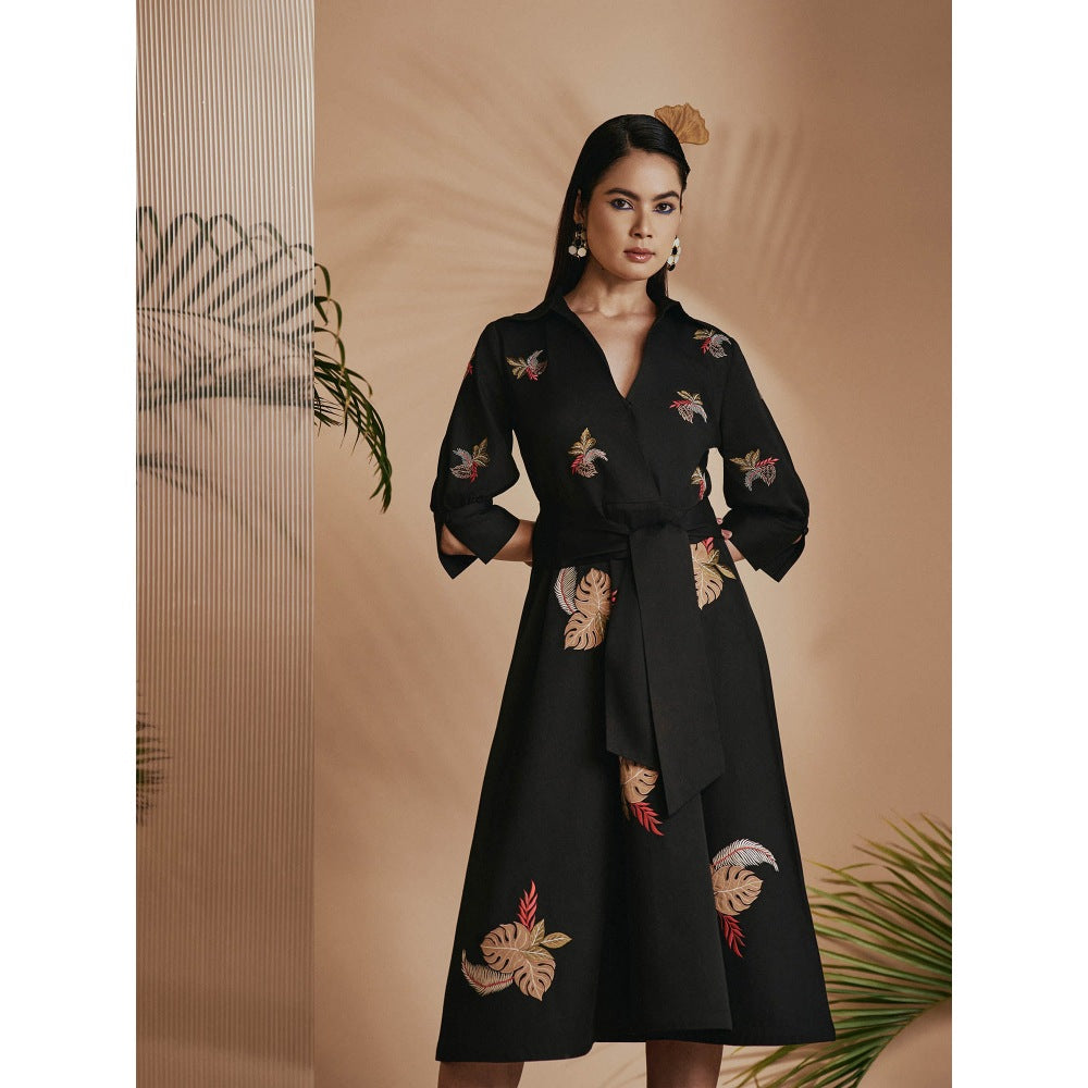 ORIGANI Black Tropical A-Line Flare Dress with Belt (Set of 2)