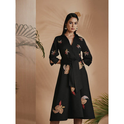 ORIGANI Black Tropical A-Line Flare Dress with Belt (Set of 2)