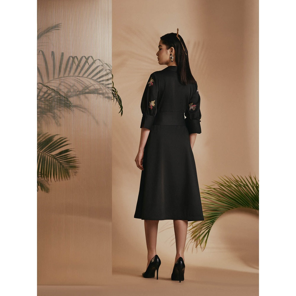 ORIGANI Black Tropical A-Line Flare Dress with Belt (Set of 2)