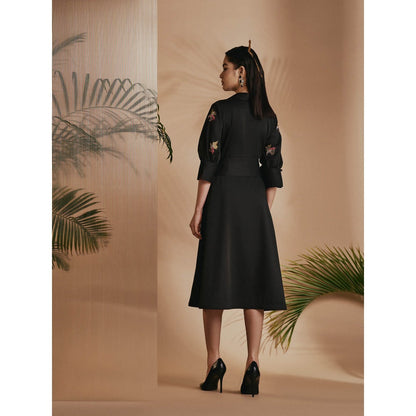 ORIGANI Black Tropical A-Line Flare Dress with Belt (Set of 2)