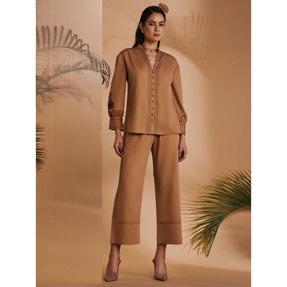 ORIGANI Women Brown Embroidered Co-Ord Set