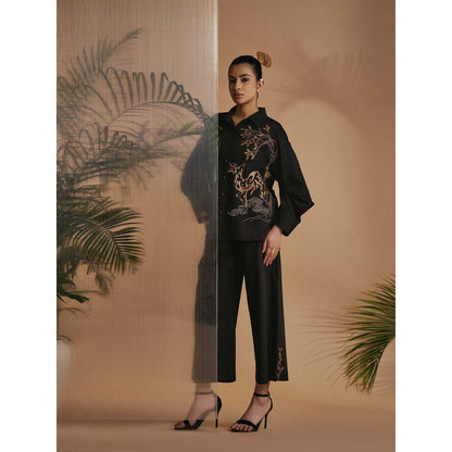 ORIGANI Women Black Embroidered Co-Ord Set