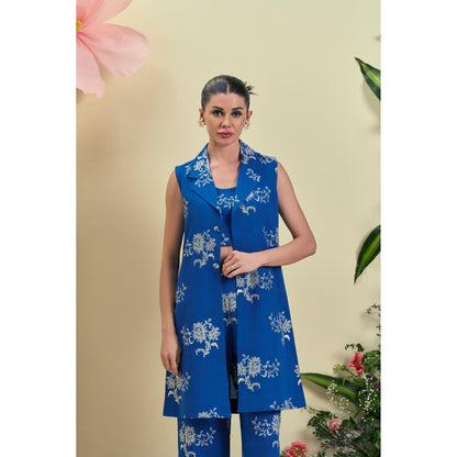 ORIGANI Women Blue Embroidered Regular Fit Co-Ord (Set of 3)