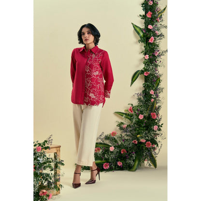 ORIGANI Women Red Embroidered Regular Fit Co-Ord (Set of 2)