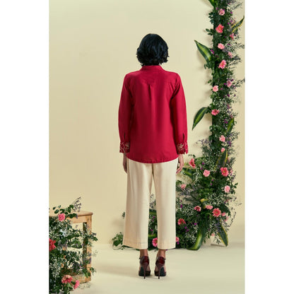 ORIGANI Women Red Embroidered Regular Fit Co-Ord (Set of 2)