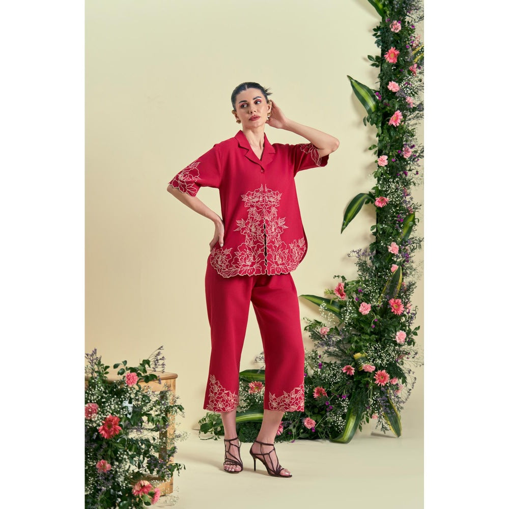ORIGANI Women Red Embroidered Regular Fit Co-Ord (Set of 2)