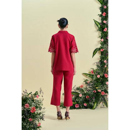 ORIGANI Women Red Embroidered Regular Fit Co-Ord (Set of 2)