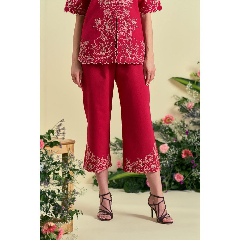 ORIGANI Women Red Embroidered Regular Fit Co-Ord (Set of 2)